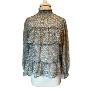 Rabbit Rose NEW‎ Women's M Cottagecore Prairie Sheer Floral Tiered Ruffle Blouse